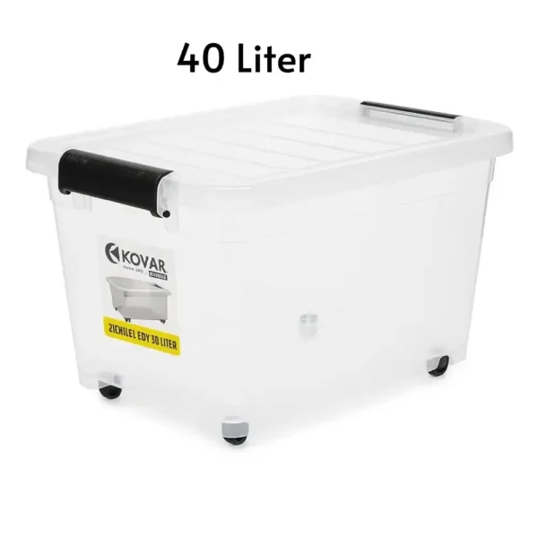 Kovar Plastic Clear Storage Box With Latch Locking Lid and Wheels- 40Ltr